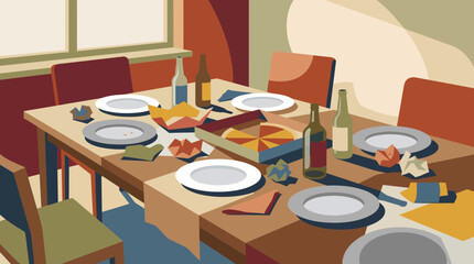 Obraz premium Stylized Illustration of a Messy Dining Table After a Party