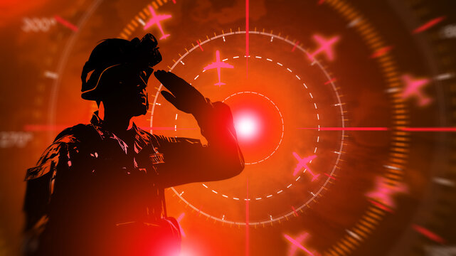 Military aviation, soldier silhouette salutes against radar screen with aircraft targets, showing air defense monitoring and command control.