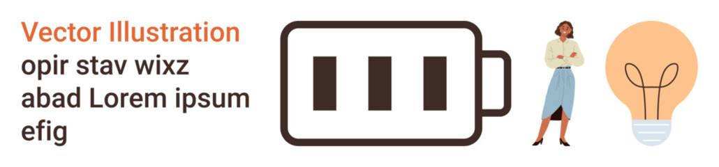 Energy management, creativity, innovation, sustainable living, technology, inspiration. A battery icon beside a light bulb and woman standing confidently. Energy management and creativity concepts © robu_s
