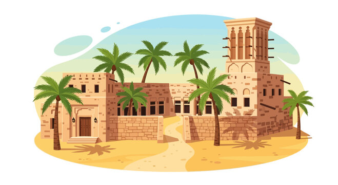 Traditional Middle Eastern Architecture with Windcatchers and Palm Trees.