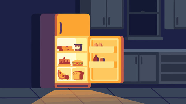 Open Refrigerator Glowing in Dark Kitchen at Night Illustration