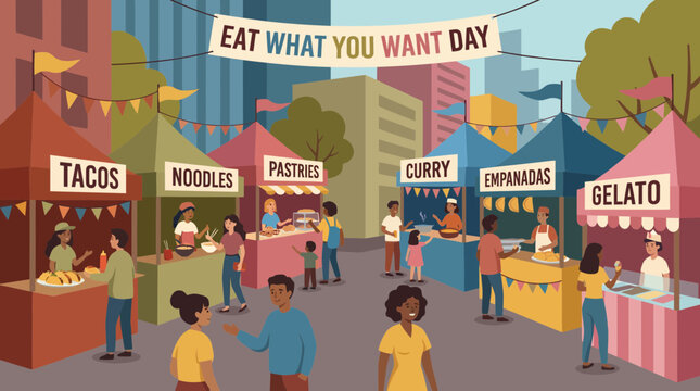 Outdoor Street Food Festival with Diverse People and Stalls