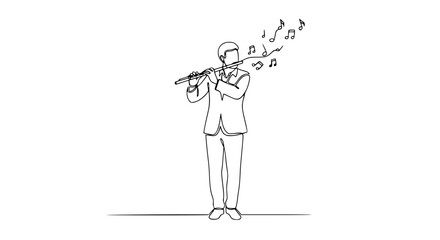 Minimalist single line drawing of a man playing a flute with musical notes floating out © Vector