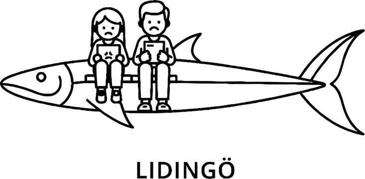 Sad man and woman sitting on a large fish with tablets