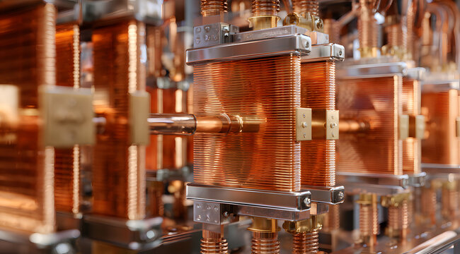 Heavy copper electrical busbar assembly inside a high-voltage power distribution cabinet with polished rectangular conductor bars stacked in parallel rows with ceramic insulator standoffs, warm raking