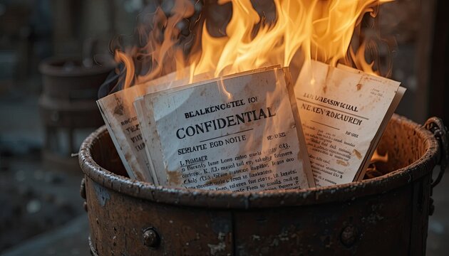 A closeup view of confidential documents burning in a rusty metal barrel outdoors with flames engulfing the papers