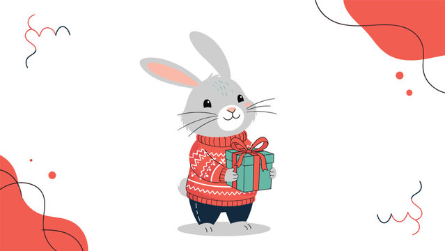 Cute grey bunny rabbit wearing a red sweater and holding a green gift box with red ribbon for christmas holiday celebration.