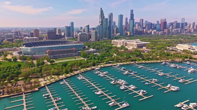 Aerial Panoramic View of Chicago Skyline with  Burnham Harbor