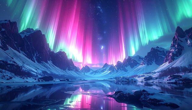 Vibrant aurora borealis over snow-capped mountains and serene lake (1)