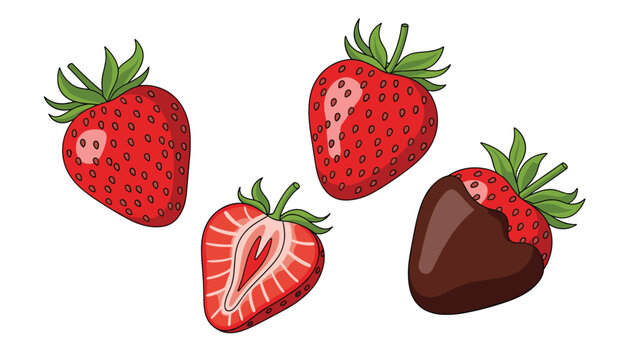 Set of fresh red strawberries including a whole berry, a half slice, and one dipped in delicious dark chocolate isolated on white.