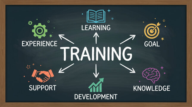 Educational training mind map on chalkboard, professional development strategy diagram, business learning and knowledge growth concept