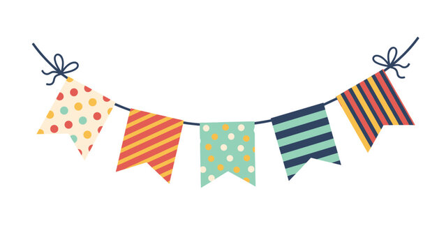 Colorful string of party bunting flags with various patterns like dots and stripes hanging against a white background for celebration.