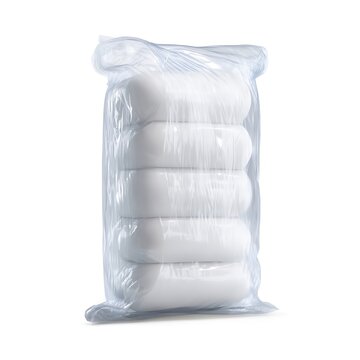 Plastic bag with four white pillows, wrapped in clear packaging