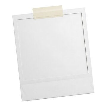 Polaroid blank, taped, white background, adhesive