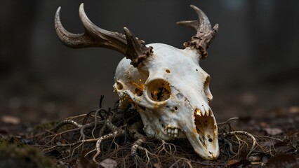 Fototapeta premium Surreal monster skull with antlers and glowing interior covered in roots