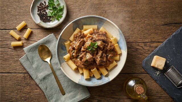 Rigatoni pasta with meat sauce, herbs, and cheese on a wooden table