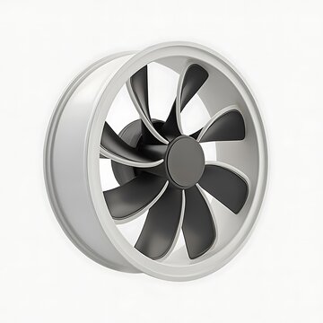 Silver and black fan blade, industrial turbine wheel on white background