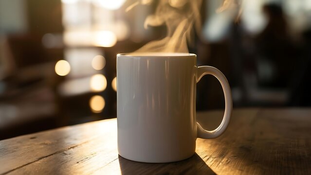 Steaming white coffee mug on wooden table, blurred cafe background, ceramic