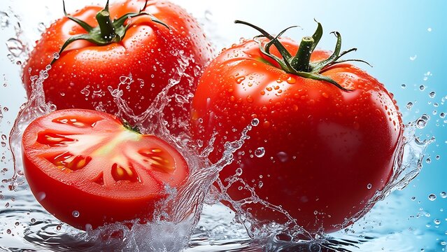 Tomatoes splashing in water, three red tomatoes with one cut in half juicy