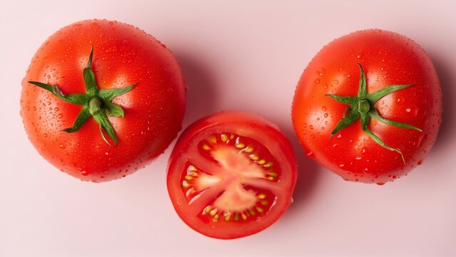 Three tomatoes, two whole and one halved, on pink background