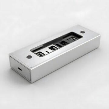 Usb hub, silver, rectangular, with four usb ports and a single rectangular port metal