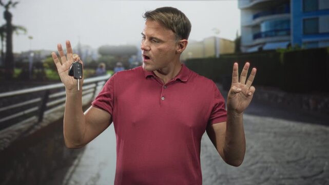 Man holding car keys and showing three fingers on a street promenade with railing, red polo visible, open mouth expression; surprise.