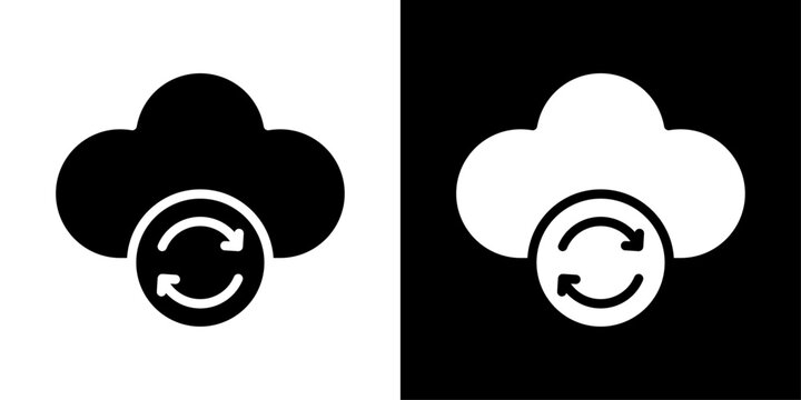 Data sync icon in modern solid style featuring cloud with circular refresh arrows, representing cloud synchronization, data transfer, backup and real-time connectivity.