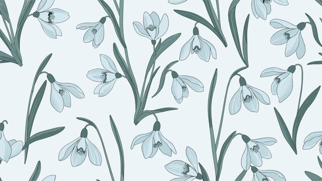 Delicate pattern of white snowdrop flowers with green stems arranged on a light blue background for spring themes.