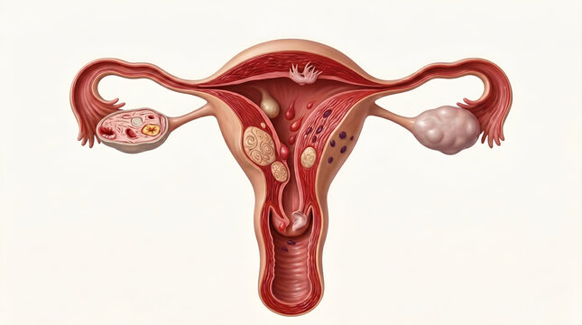 Anatomical illustration of the female reproductive system, showcasing uterine fibroids, ovarian cysts, and other gynecological conditions for medical study