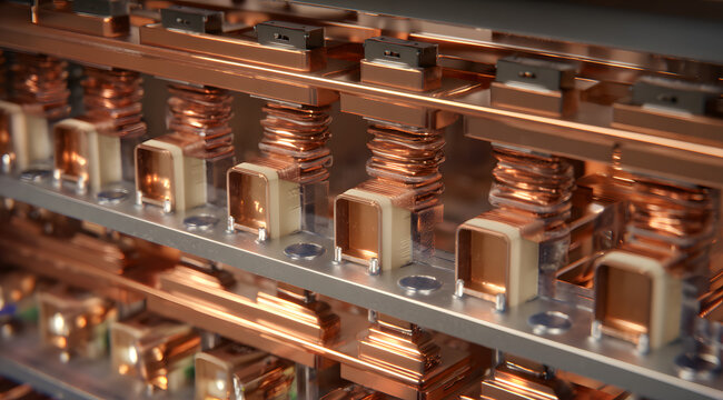 Heavy copper electrical busbar assembly inside a high-voltage power distribution cabinet with polished rectangular conductor bars stacked in parallel rows with ceramic insulator standoffs, warm raking