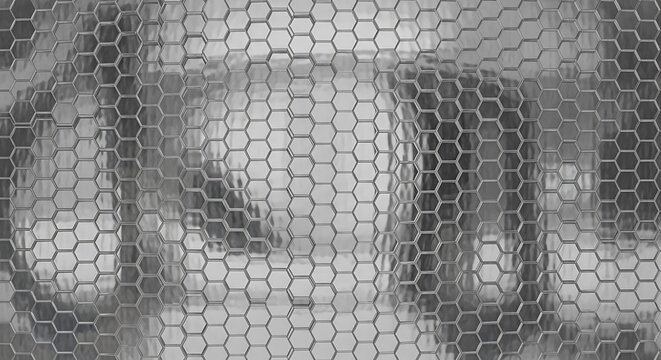 Close-up face behind metal mesh screen.