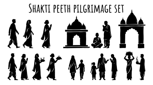 Shakti Peeth Pilgrimage Silhouette Vector Set of Indian Devotees Walking to Holy Shrine for Worship and Prayer.