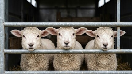 Obraz premium Three young sheep with fluffy white wool standing behind a metal fence inside a barn, with straw visible on the ground and dim lighting illuminating the scene