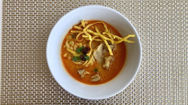 Authentic Khao Soi: Northern Thai Chicken Coconut Curry Noodle Soup with Crispy Noodles in a White Bowl on Woven Placemat - Top View Comfort Food
