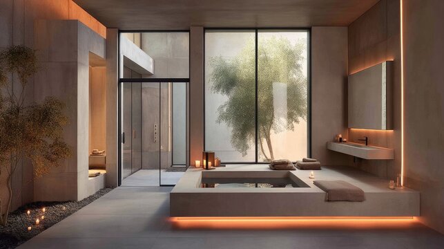 Serene Modern Bathroom Design with Soaking Tub, Natural Light, and Minimalist Aesthetic Ideal for Spa or Wellness Retreat Inspiration