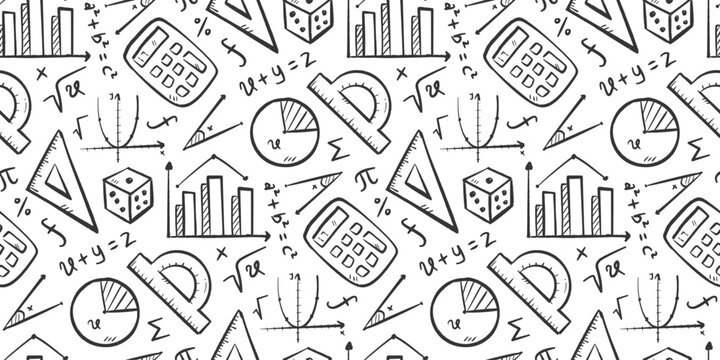 Math doodle background. Mathematic objects pattern background. Math education seamless pattern. Mathematical equation hand drawn seamless pattern with pi, calculator, rulers, shapes, formula, graph.
