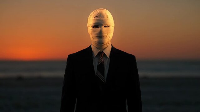 Mysterious man with head wrapped in bandages standing on beach at sunset