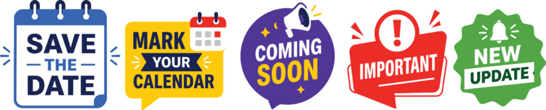Set of important event labels. save date, mark your calendar, coming soon, new update tags.
