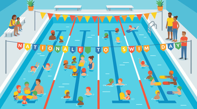 Flat illustration of people at an indoor pool for swim day