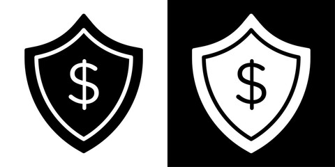Fototapeta premium Finance shield icon in solid fill style showing shield with dollar symbol, representing financial security, asset protection, secure banking and insurance services.