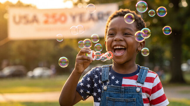 American Independence Day 250th Anniversary child blowing bubbles laughing joyful patriotic celebration playful expression for festive promotional social media marketing content