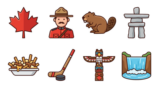 Vibrant vector icon set celebrating Canadian culture and identity, showcasing maple leaf, mounted police, beaver, inukshuk, poutine, hockey, totem pole, and waterfall
