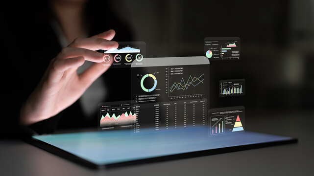 A financial and marketing KPI dashboard for business analytics and strategy. A report showing profit, revenue, and customer conversion rate data. Motif