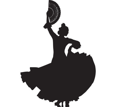 Flamenco dancer silhouette dramatic pose with fan in dark monochrome for dance or performance advertising
