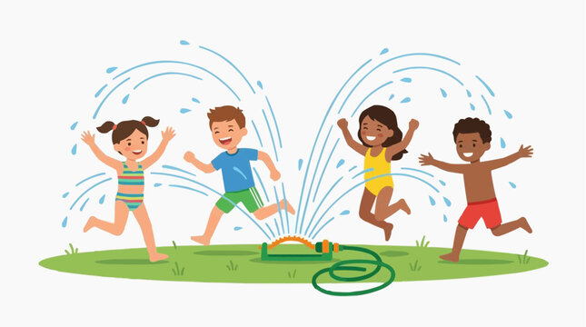 Playful children revel in the joy of summer as they run through a refreshing sprinkler. The image shows cheerful kids having a blast on a sunny day.