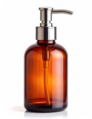 Fototapeta premium Amber glass dispenser with polished metal pump, essential for home and bath