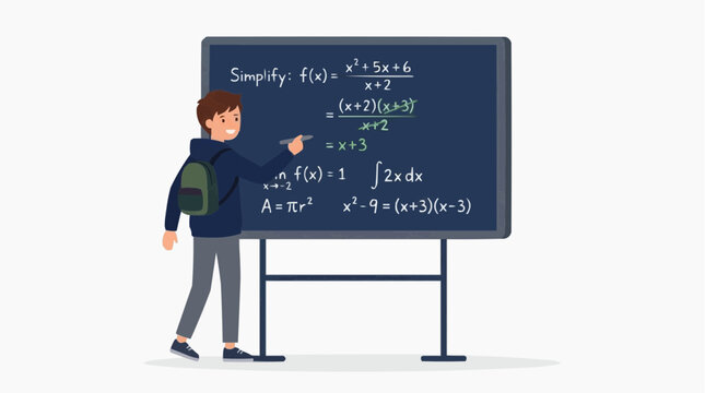 A student points to math equations on a chalkboard in a classroom, illustrating educational concept and problem solving.