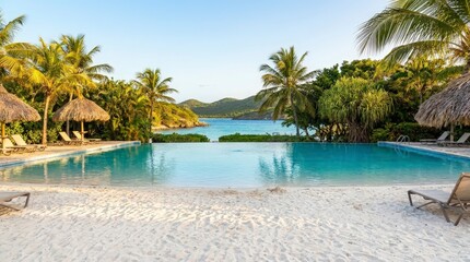 Fototapeta premium Infinity pool overlooking tropical bay with palm trees