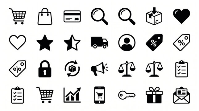 Shopping ecommerce icon set black and white flat pictogram isolated on white background