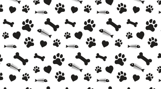 Cat and dog paw print seamless pattern with fish skeleton, bone and heart on white background vector.
